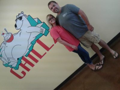 Dorothy and Jeff Tinsley stand in front of the Chillz bear. Customers can take a picture and post to social media for a ten percent discount here. 